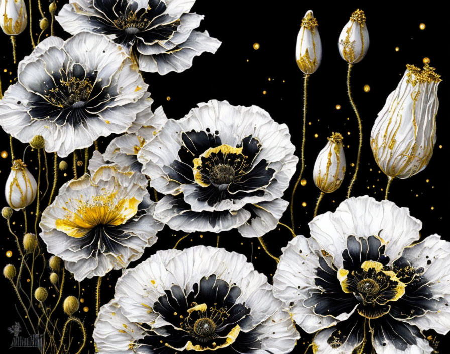 Luxurious White Poppies with Black and Gold Accents on Dark Background