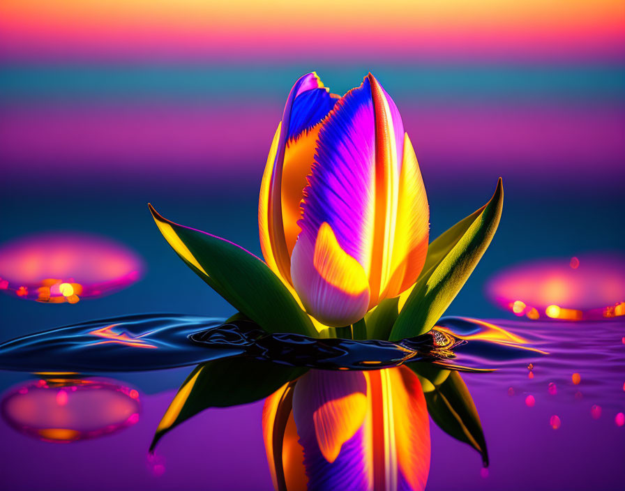 Purple and Yellow Tulip in Water on Colorful Background