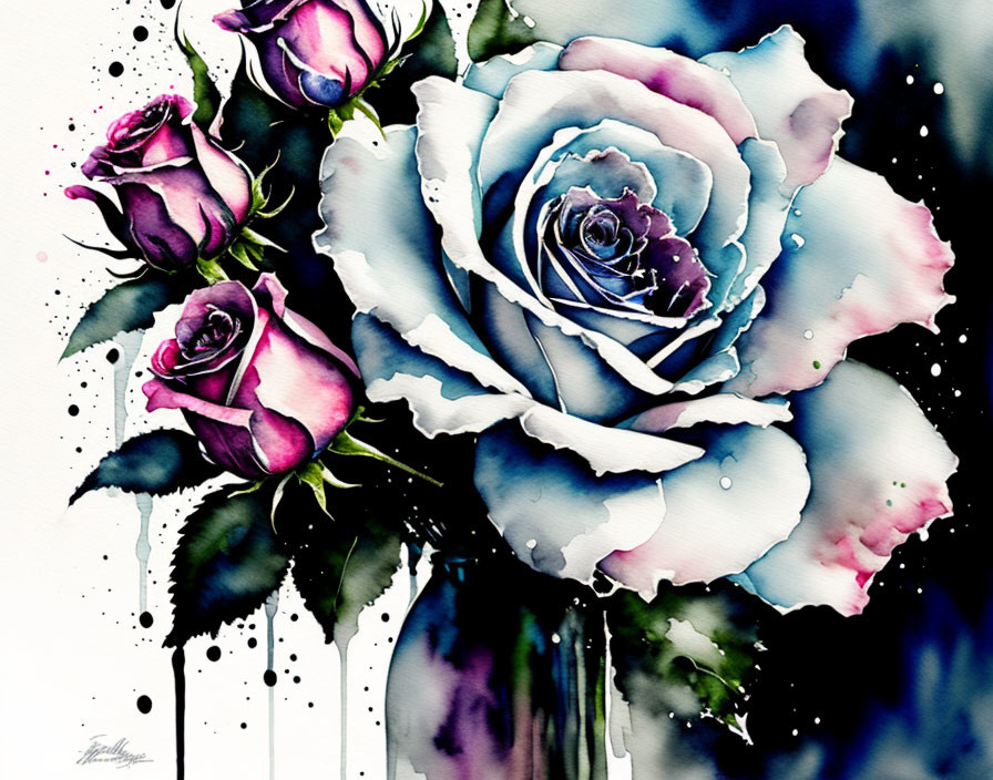 Colorful Watercolor Painting of Purple and Blue Roses with Ink Drips and Water Droplets