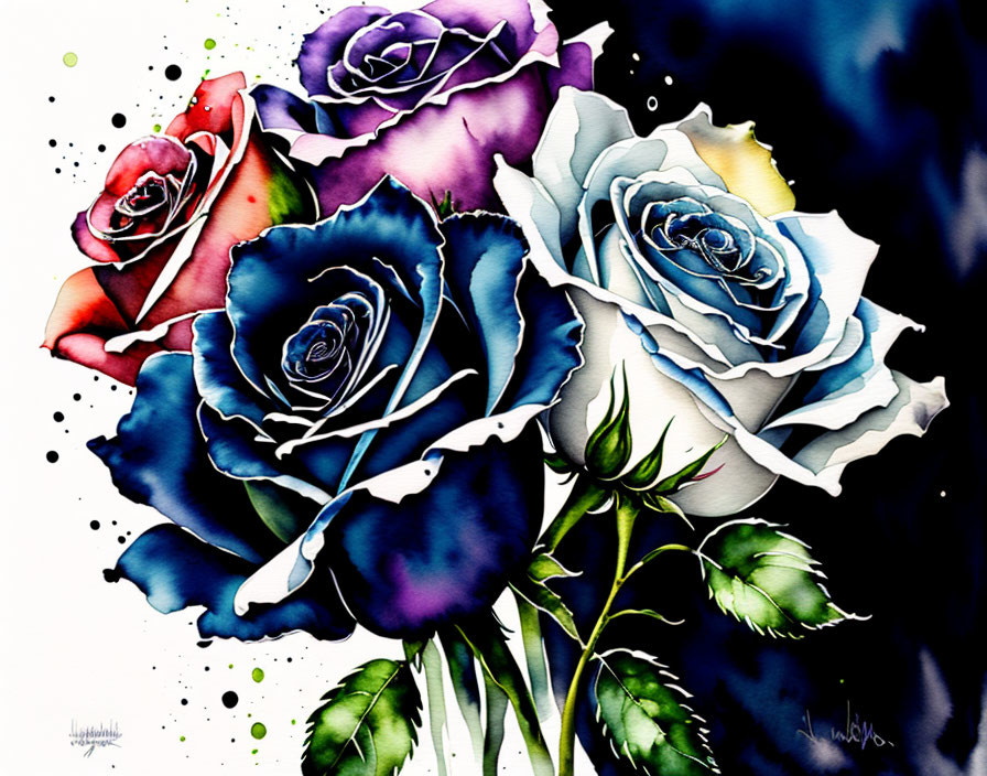 Colorful Watercolor Painting of Bouquet with Purple, Blue, and White Palette