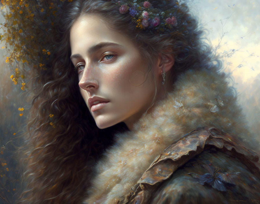 Woman with Flowers in Hair Wearing Fur Cloak Portrait