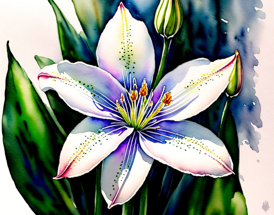 Delicate White Lily Watercolor Painting with Purple Speckles