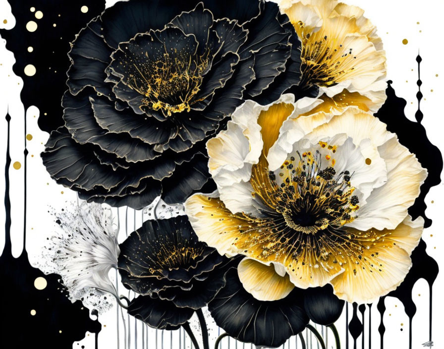 Abstract black and white flowers with yellow accents and gold speckles on dotted background