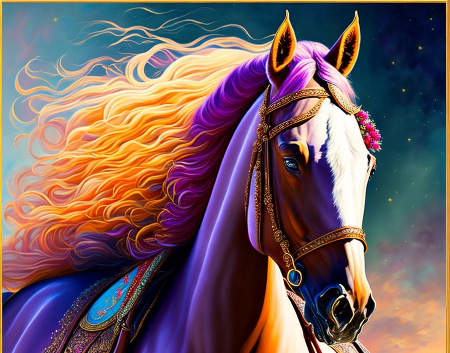 Majestic horse with orange mane and floral wreath in cosmic setting