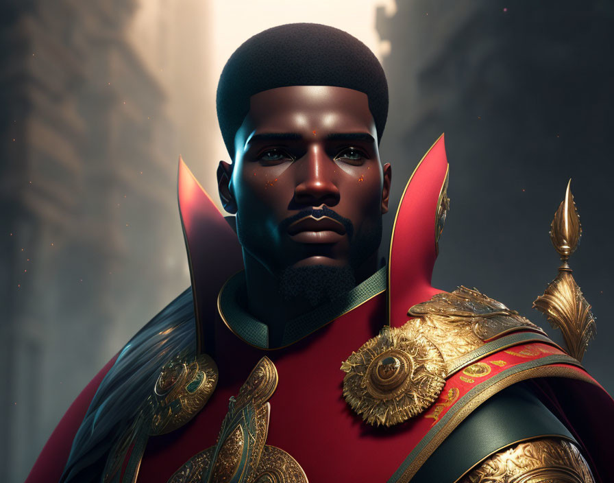 Regal Dark-Skinned Character in Red Cape and Feathered Helmet