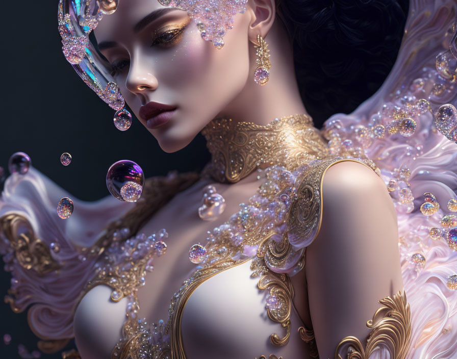 Portrait of woman with gold jewelry in iridescent bubble-filled scene