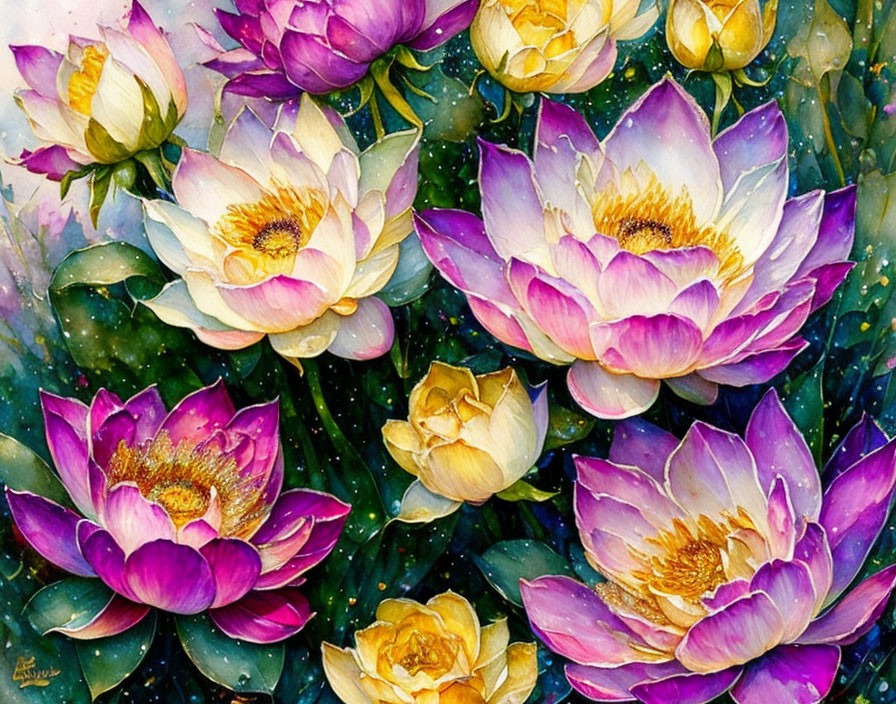 Colorful Watercolor Painting of Purple and Yellow Lotus Flowers