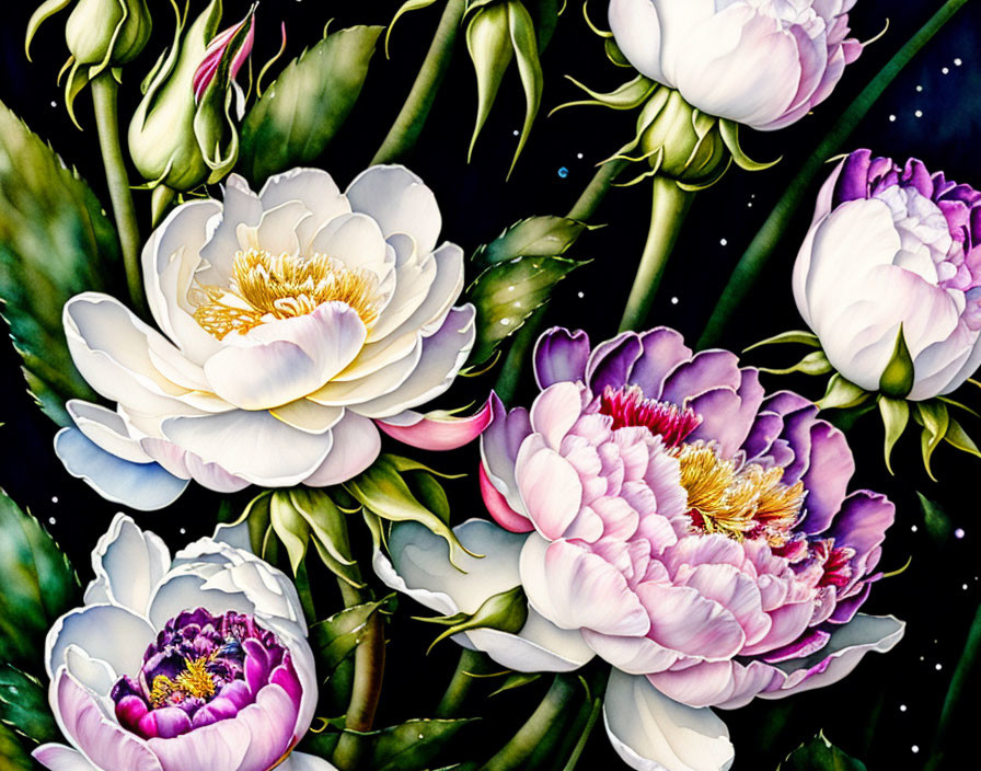 Detailed pink and white peonies on dark, starry backdrop