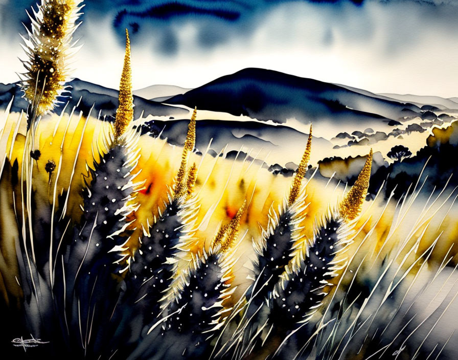 Vibrant golden pampas grass in watercolor with misty blue mountains.