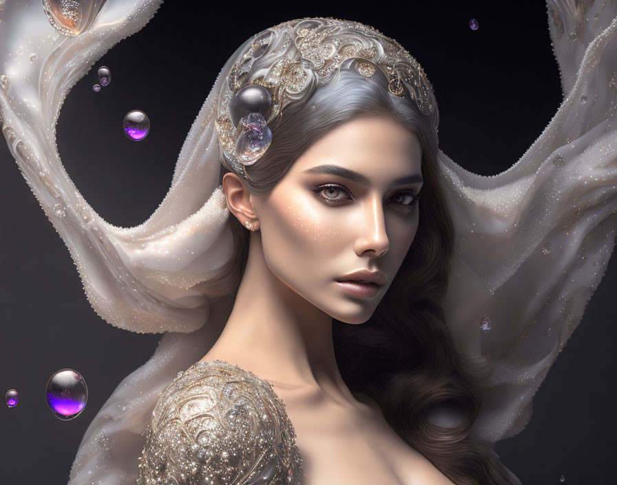 Digital artwork featuring woman with embellished headpiece, white garment, and iridescent bubbles.