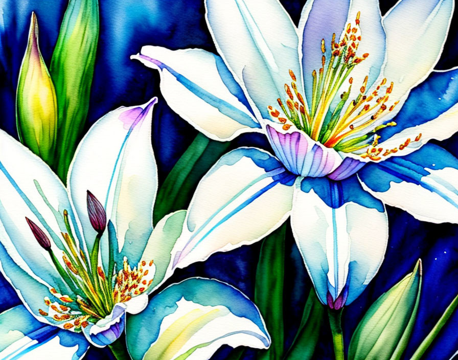 Colorful watercolor painting of white lilies on blue background