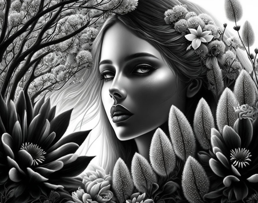 Monochrome illustration of woman with floral surroundings