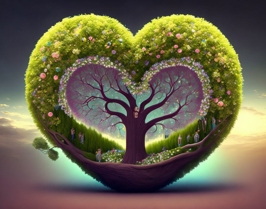 Tree illustration with heart-shaped branches and flowers under twilight sky