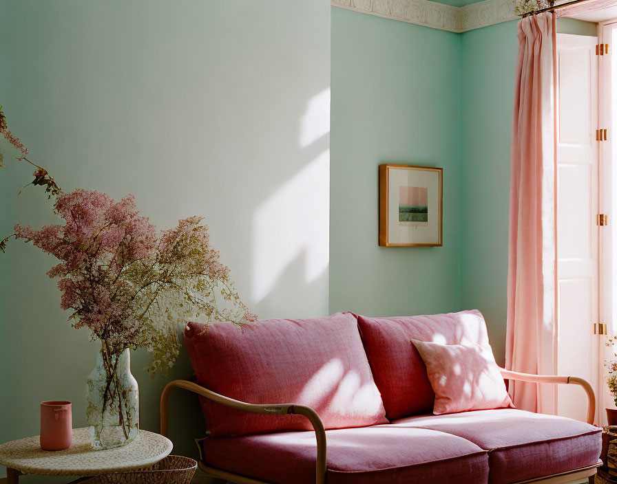 Pastel Living Room Corner with Pink Sofa and Decor Items