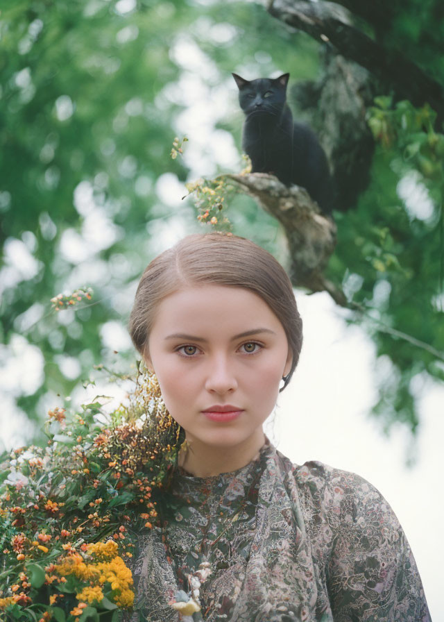 Woman with flowers and black cat in lush green setting