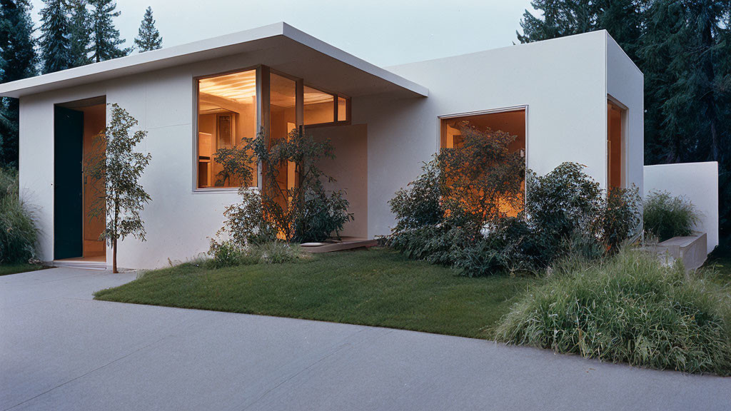 Single-Story Modern House: Twilight Setting, Angled Roof, Large Windows