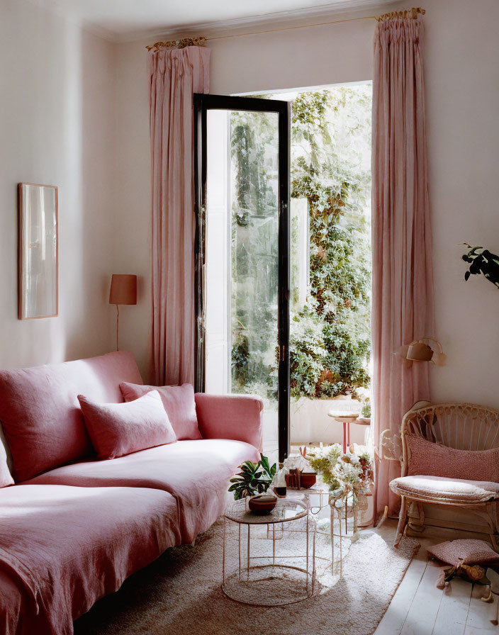 Blush pink sofa, rattan armchair, glass coffee table in cozy living room