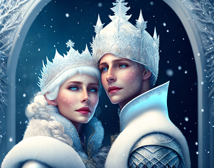 Regal ice-themed couple in wintry backdrop.