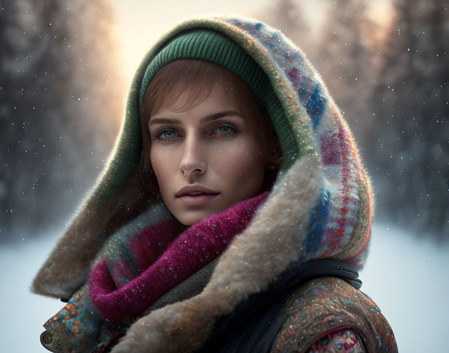 Woman in Colorful Scarf and Hood Contemplating Snowy Scene