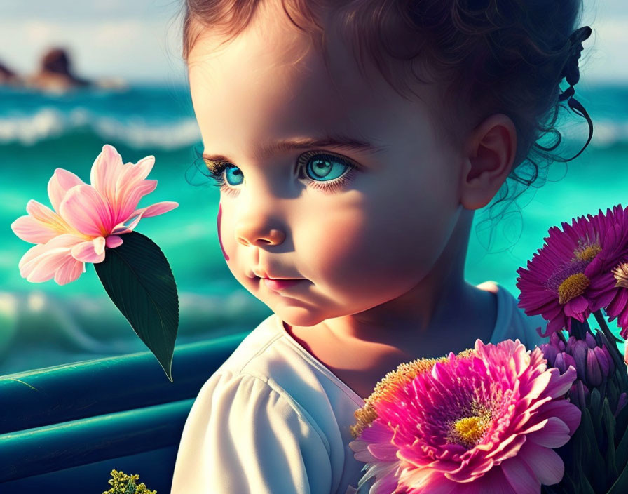 Young Child with Large Blue Eyes Surrounded by Colorful Flowers