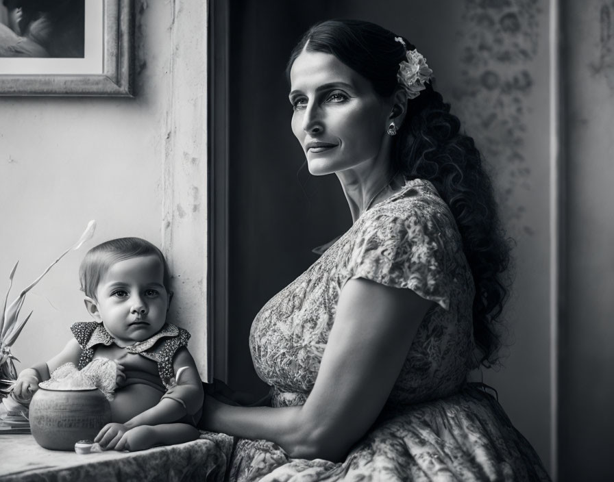 Monochrome portrait of woman with flower in hair holding baby by window