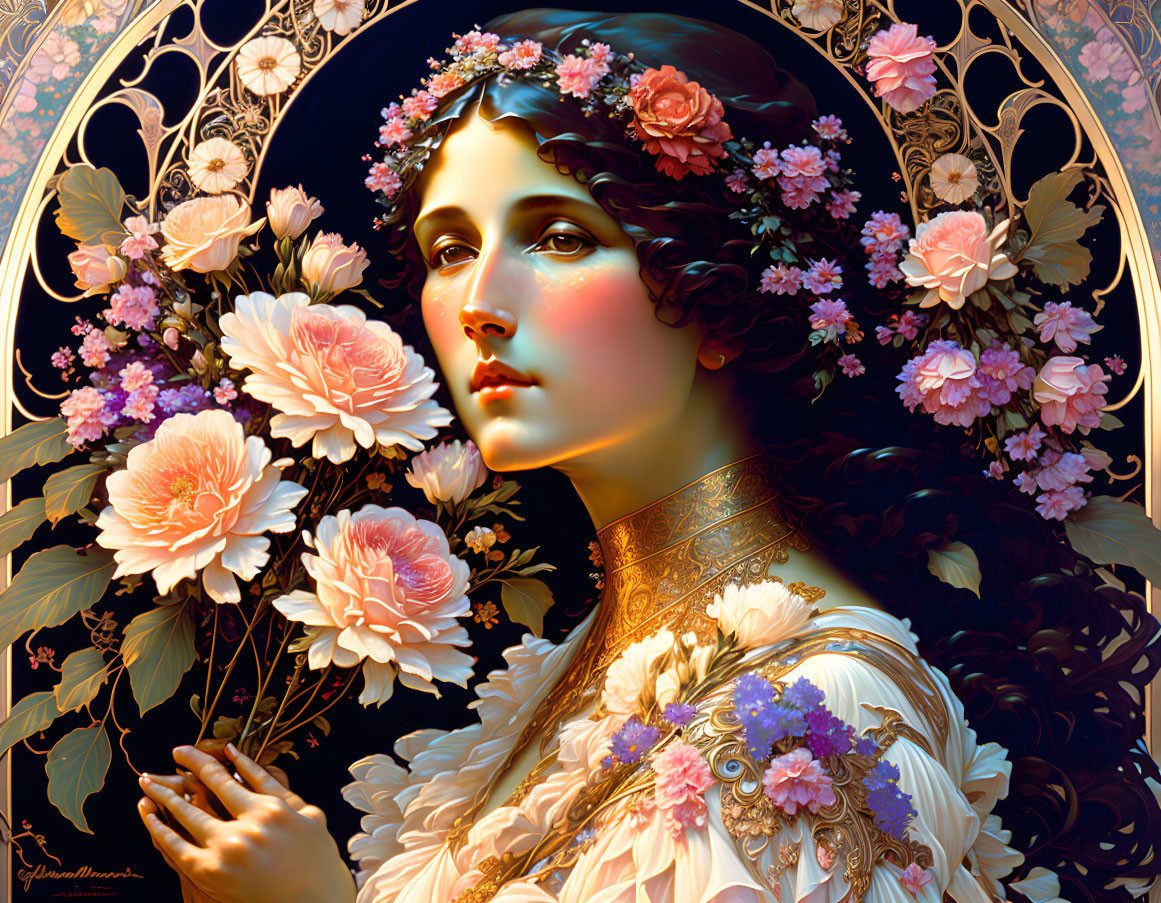 Woman portrait with roses and ornate floral patterns in Art Nouveau style