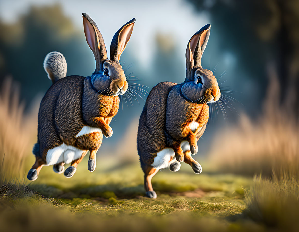 Brown rabbits leaping over grassy terrain in blurred background.