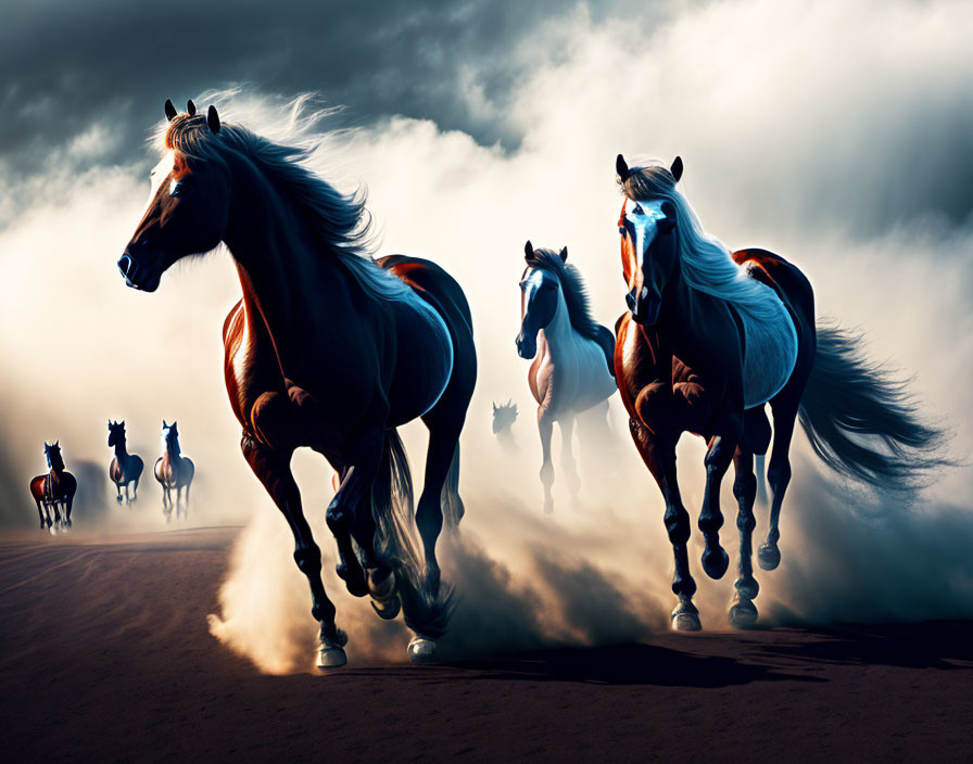 Group of horses charging through dust under dramatic sky