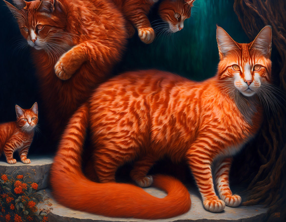 Five Ginger Cats Painting Against Dark Foliage