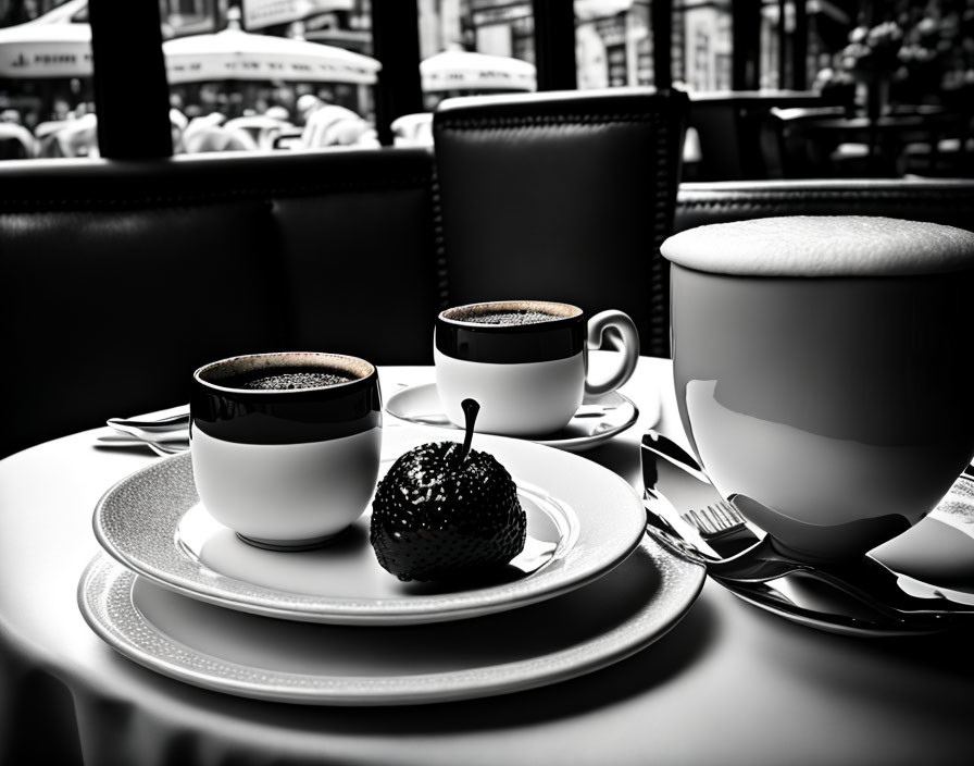 Monochromatic cafe scene with three coffee cups and chocolate-covered strawberry