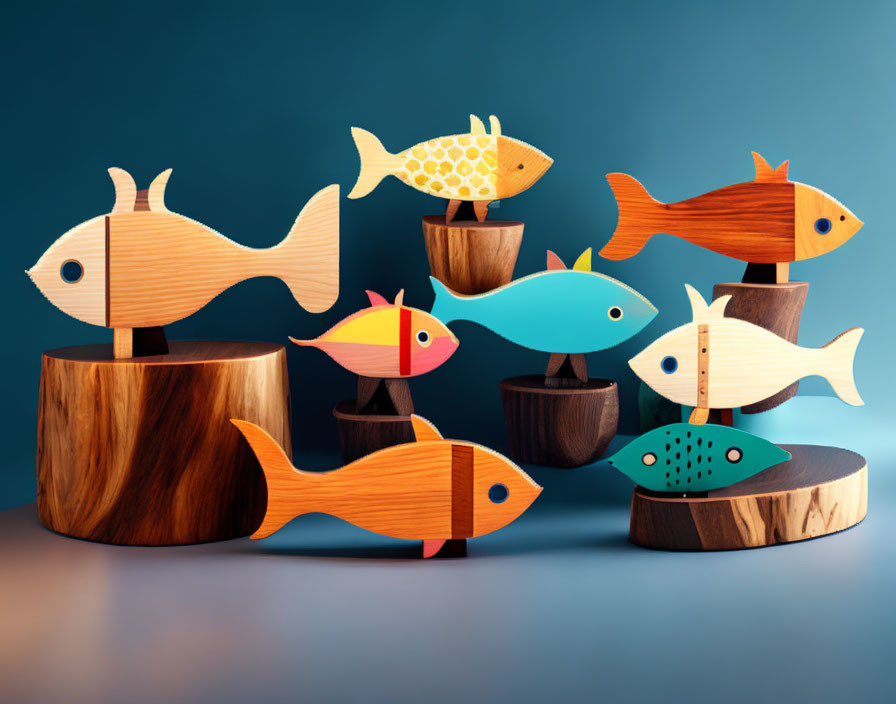 Vibrant wooden fish sculptures on round pedestals against blue gradient.