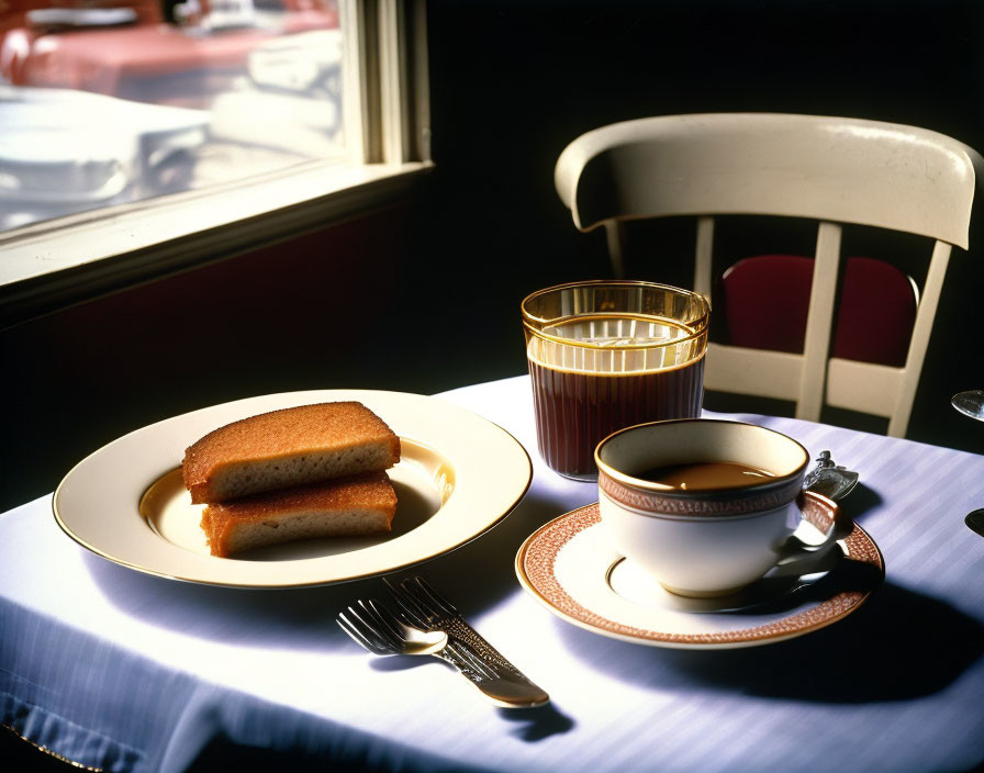 Morning Breakfast Scene with Toast, Coffee, Silverware, and Juice