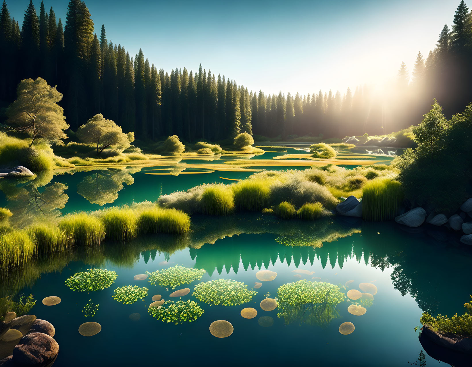 Tranquil lake scene with lily pads, lush trees, and sunlight.