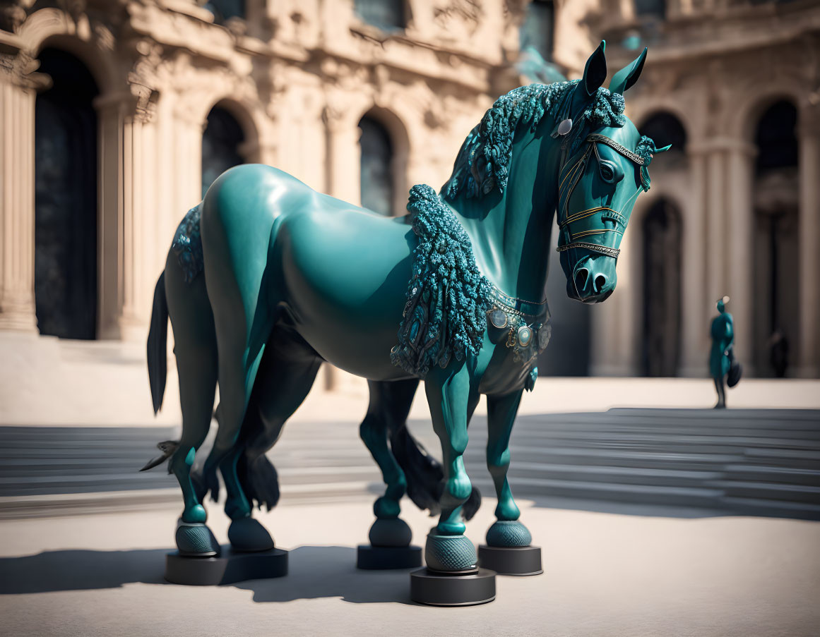 Turquoise Horse Sculpture in Classical Courtyard