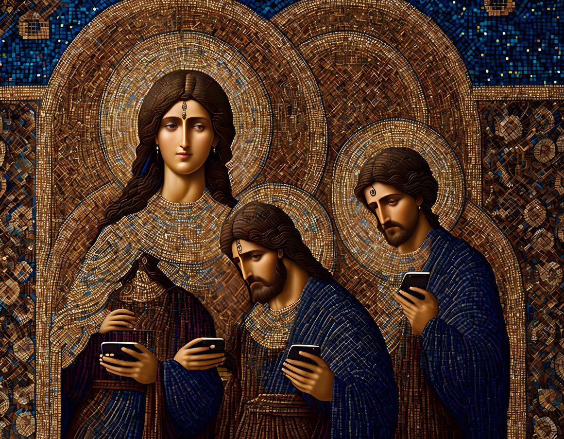 Mosaic-style artwork featuring three haloed figures on golden background