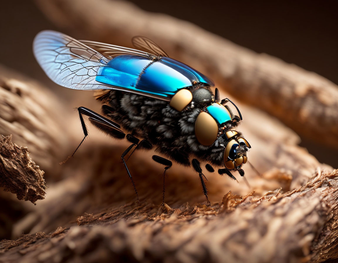 Iridescent Bluebottle Fly on Textured Wooden Surface