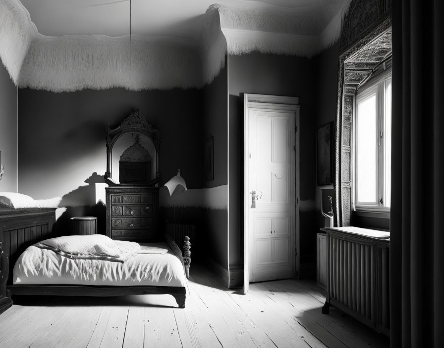 Vintage-style bedroom with wooden bed and antique dresser in monochrome.