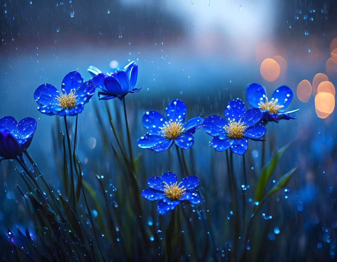 Rain-soaked blue flowers with droplets on petals in soft-focus background