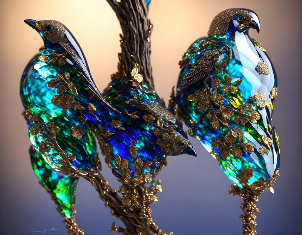 Ornate metallic birds with blue-green feathers on gold branch