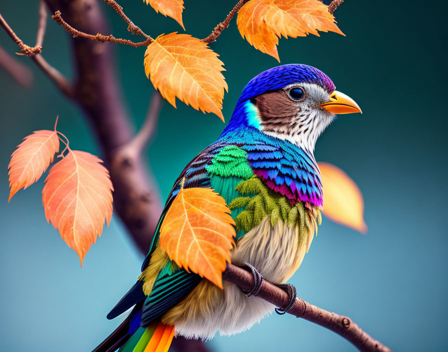 Colorful Bird with Iridescent Feathers Perched on Branch against Teal Background