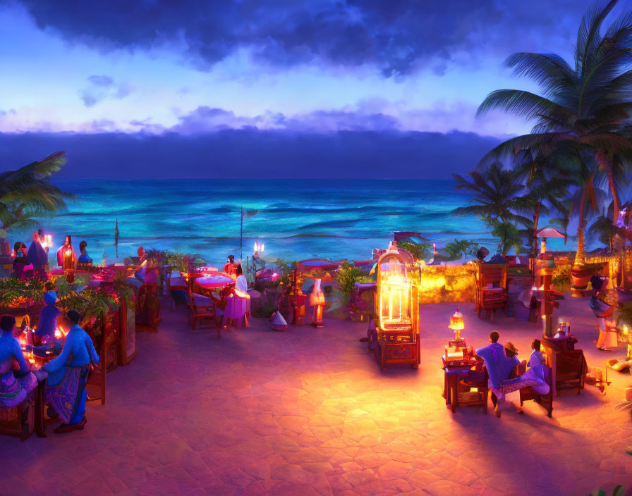 Beachside evening scene: diners under palm trees by calm sea