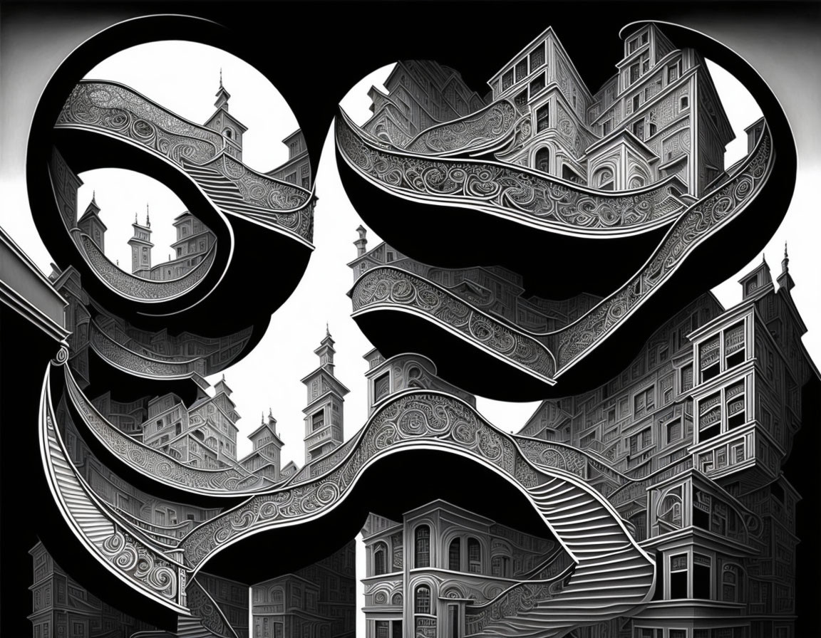 Abstract black and white surreal intertwining staircases and buildings.