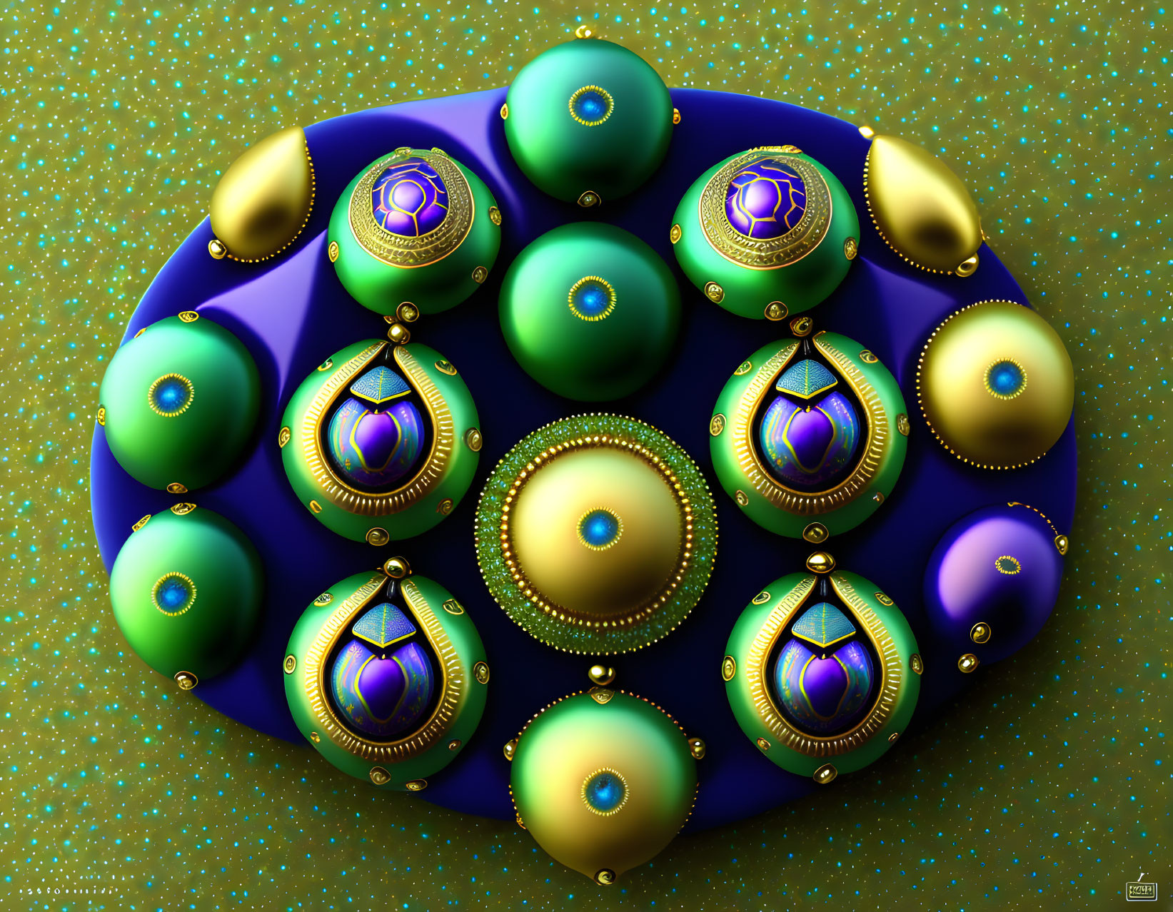 Vibrant digital art: glossy spheres and teardrop shapes with intricate patterns on green background