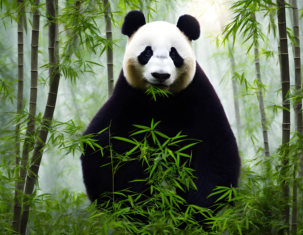 Giant panda in bamboo forest portrait