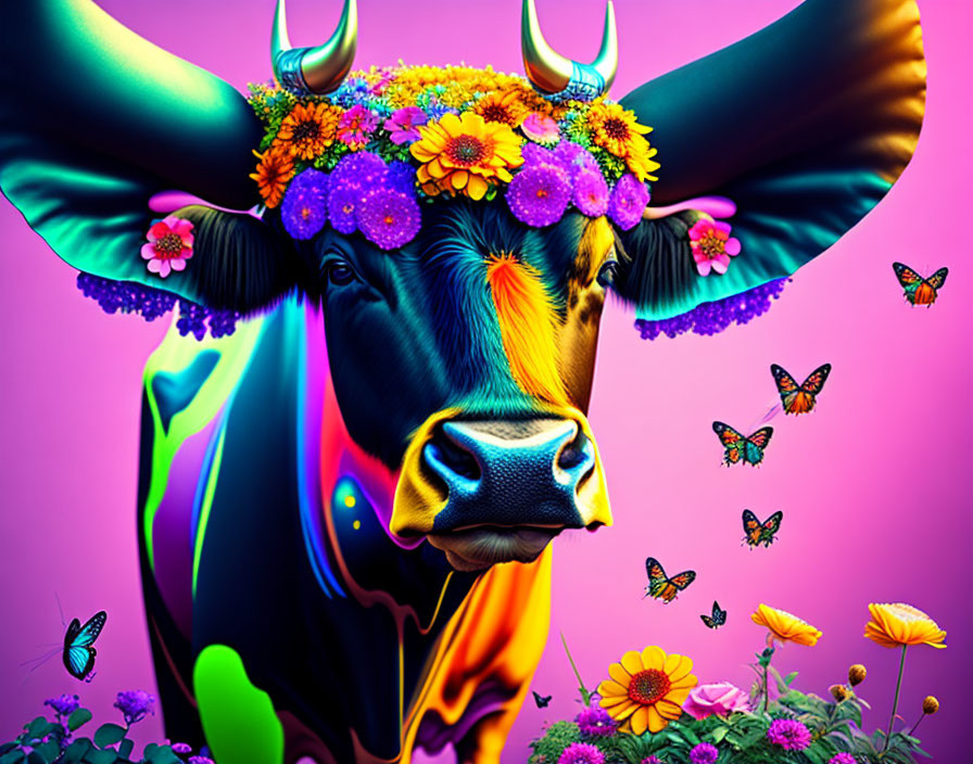 Colorful Bull Illustration with Flower Crown and Butterflies on Pink Background