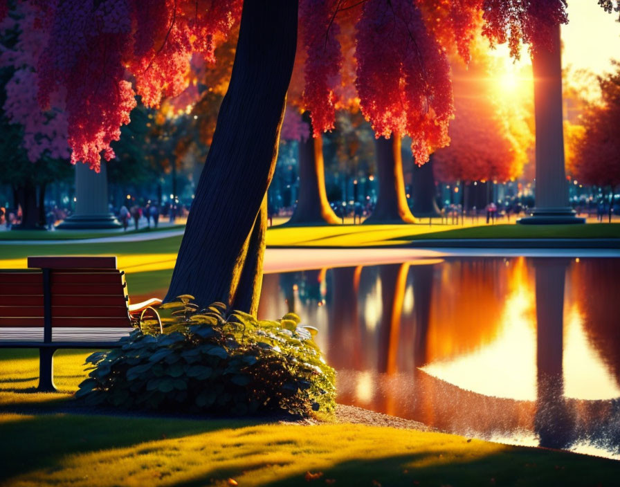 Tranquil park scene at sunset with autumn leaves and pond reflections