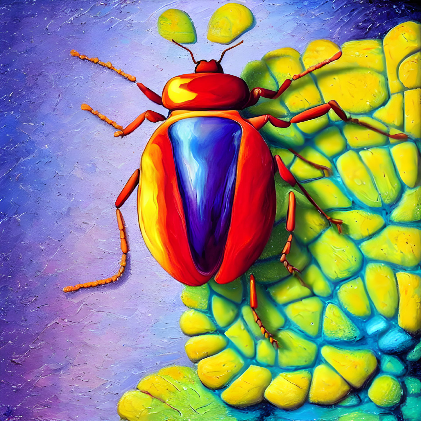 Colorful red and blue beetle on textured yellow and green surface