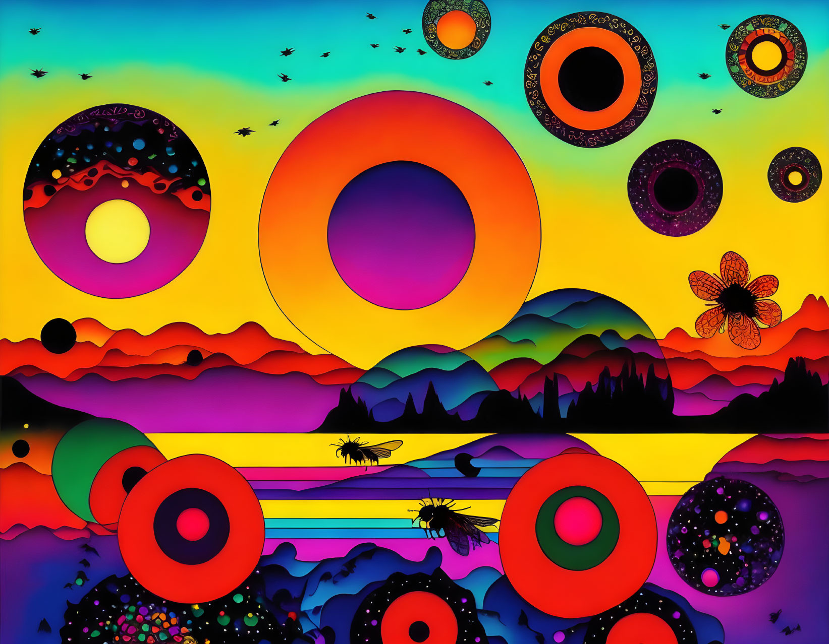 Colorful Psychedelic Landscape with Hills, River, Suns, Moons, and Animal Silhou