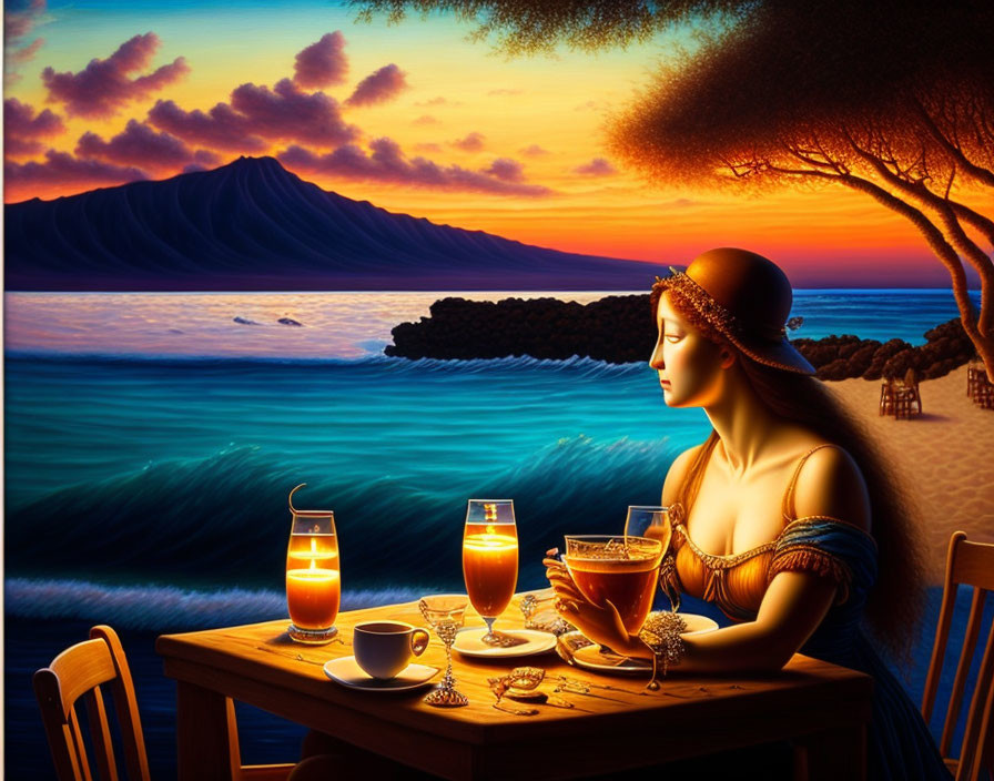 Woman sitting by table with beverages overlooking ocean and mountain landscape at sunset.