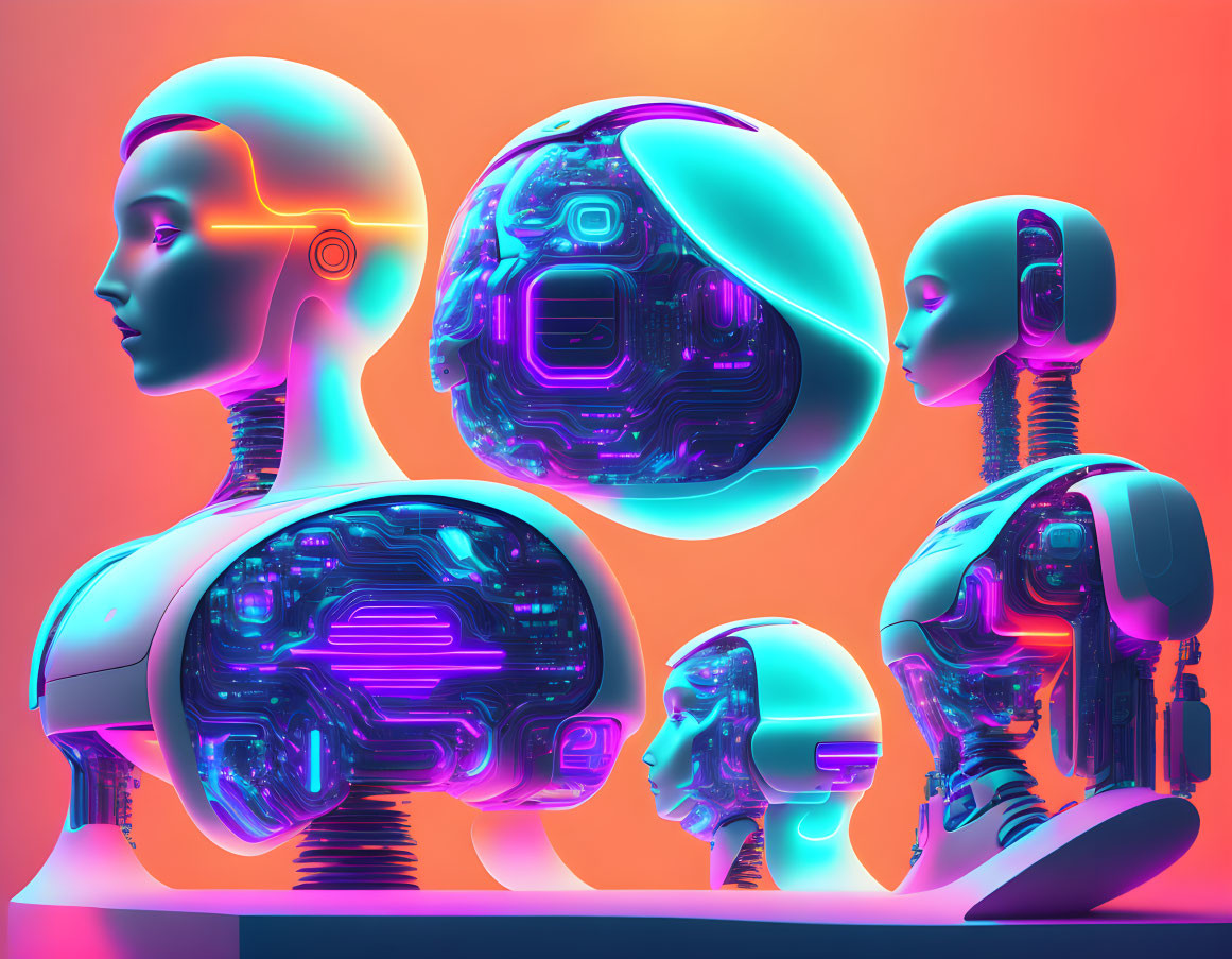 Futuristic robot heads with visible circuitry on gradient background